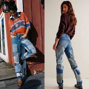 NWT Free People Patchwork Boho Frayed Straight Leg Jeans